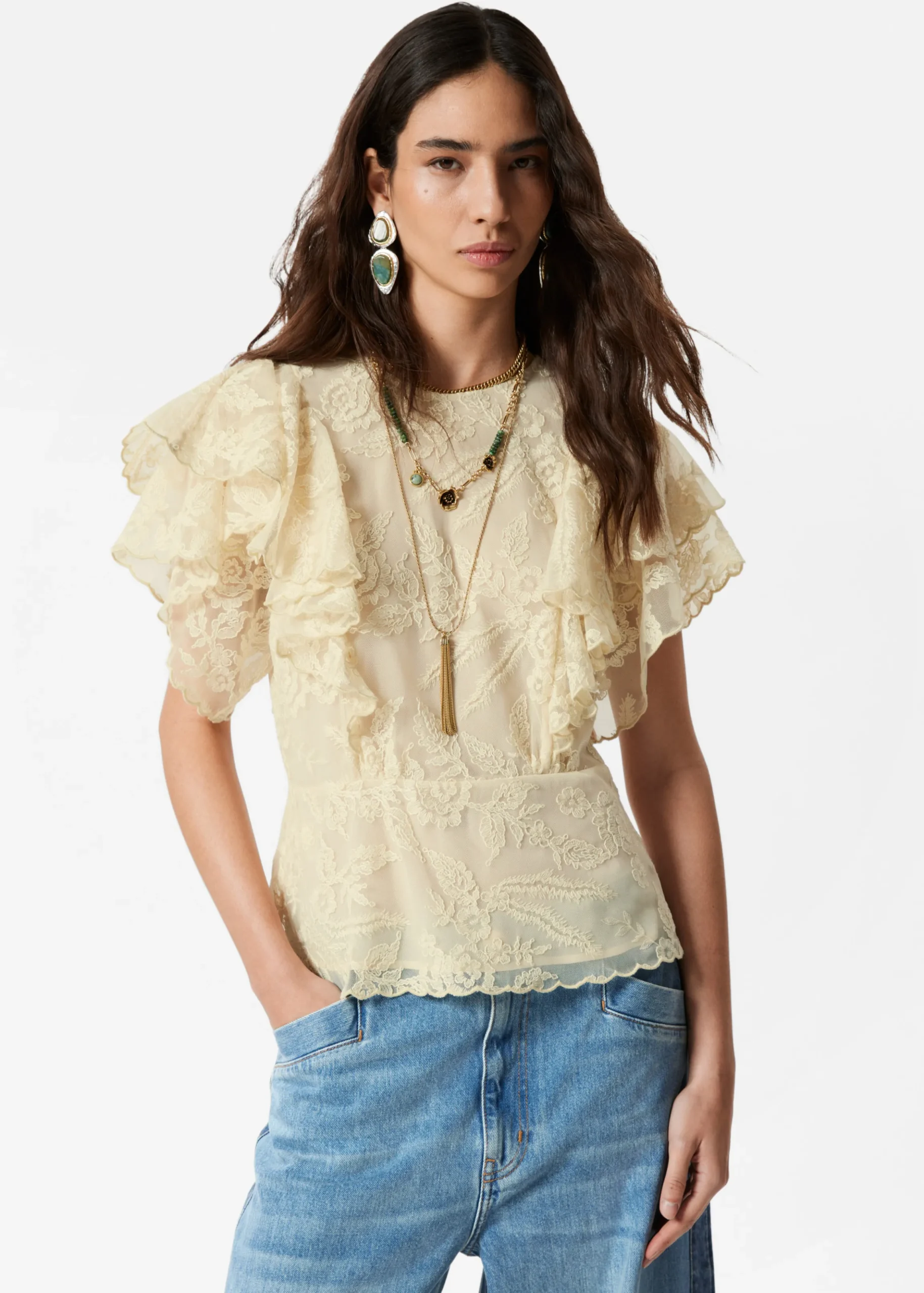 Bluse mit Spitze und Volants