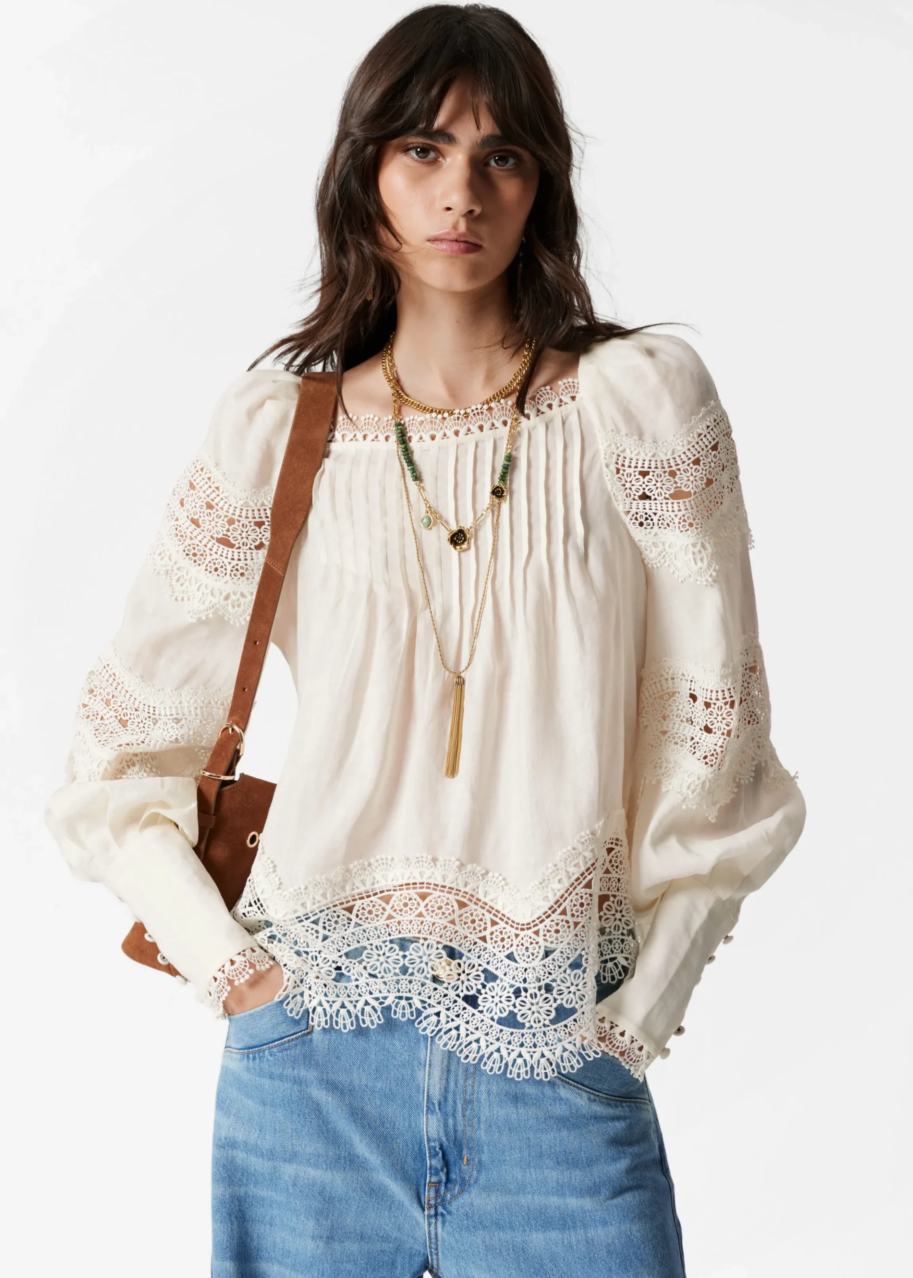 Bluse mit Spitzenbesatz