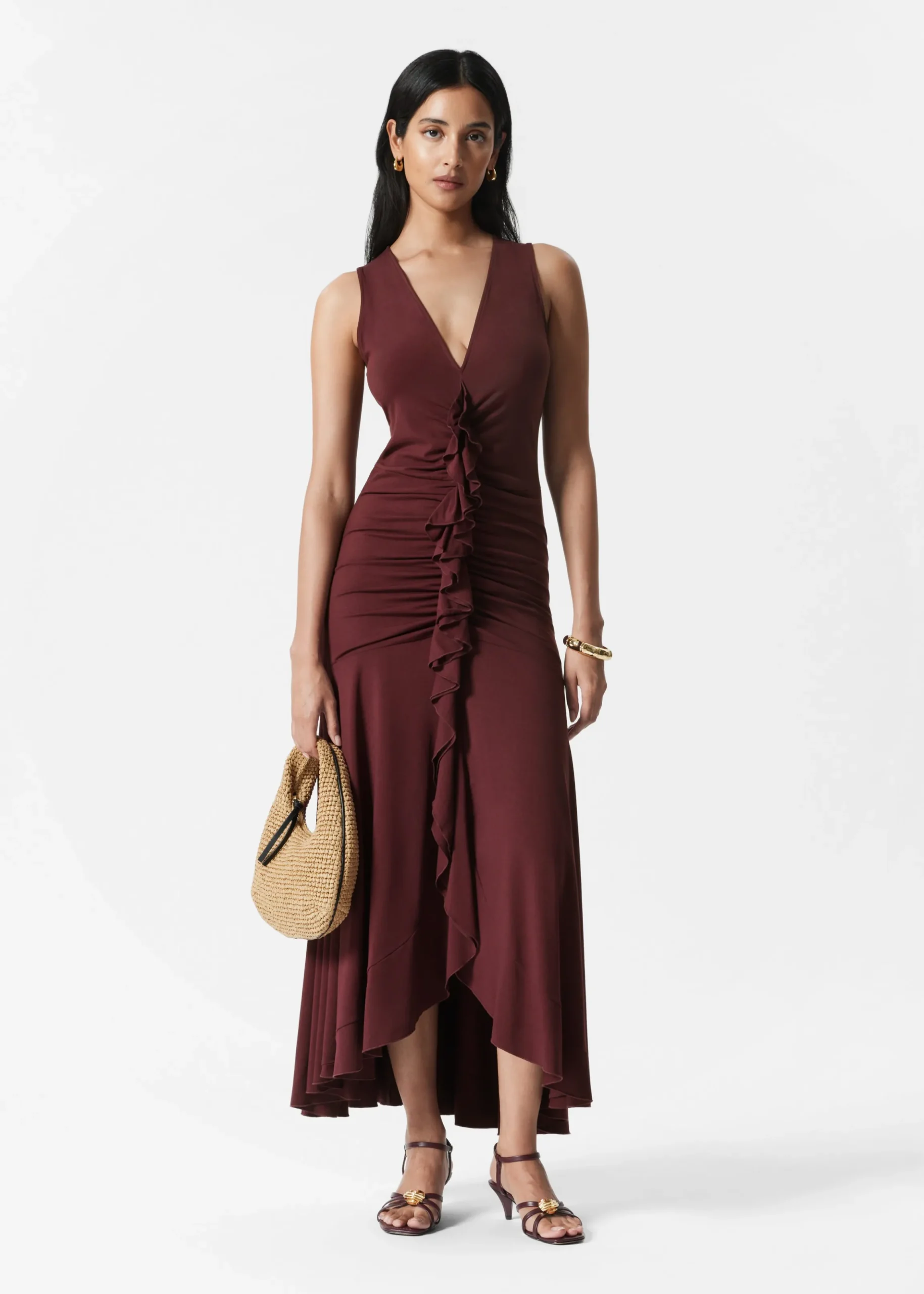 Maxikleid mit V-Ausschnitt und Rüschen