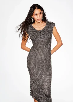 Midikleid aus Rippstrick mit Fransen